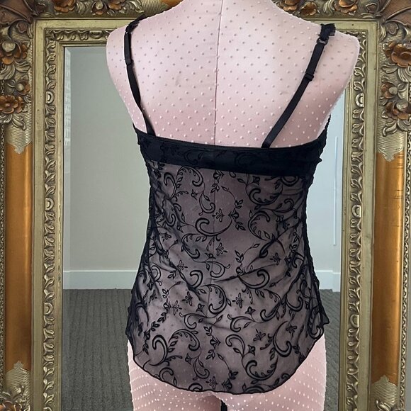 Y2K rampage Sheer Lace Tie Front Ruffle Trim Croset Top Sleeveless Size S Black - Picture 3 of 4